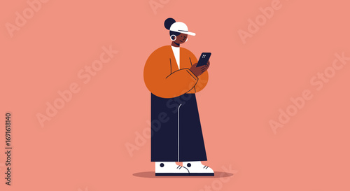 Stylish young person engrossed in their smartphone, representing digital communication, social media, and modern connectivity. Ideal for technology and lifestyle themes.