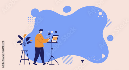 Creative professional designing digital content on a tablet with a stylus, surrounded by abstract shapes. Represents innovation, art, and modern workflow.