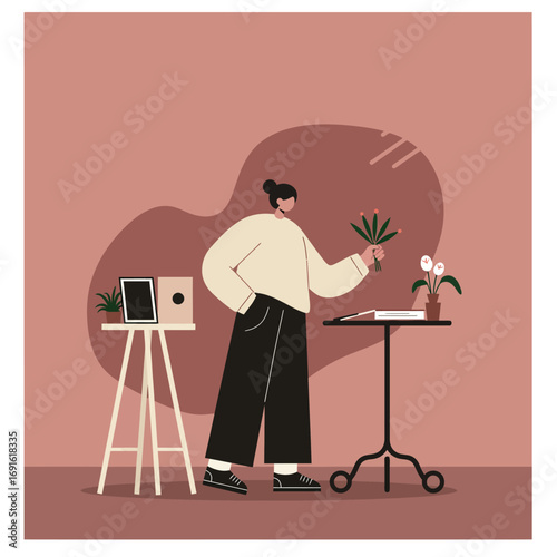 Woman arranging flowers in her minimalist home studio, enjoying a creative hobby. Ideal for lifestyle, mindfulness, or home decor concepts.