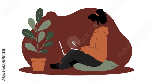Young woman multi-tasking comfortably on the floor with her laptop and smartphone. Ideal for themes of remote work, online learning, or digital lifestyle.