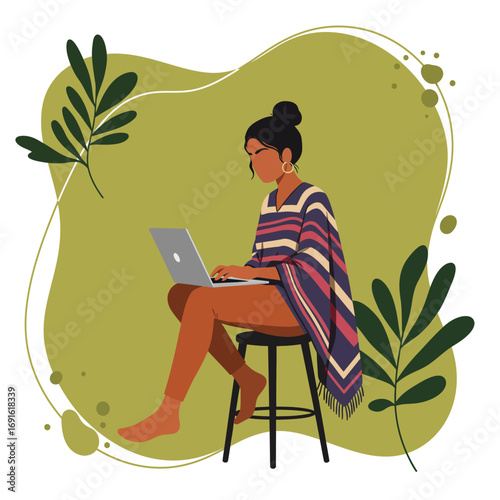 Woman in a cozy poncho working on a laptop, symbolizing remote work, freelancing, and digital connectivity from a comfortable, natural setting. Ideal for lifestyle, business, or technology themes.