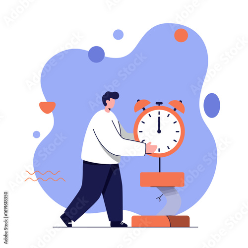 A man carefully manages an oversized alarm clock perched on a disappearing hourglass, symbolizing time management, urgency, and the concept of saving time in business or daily life.