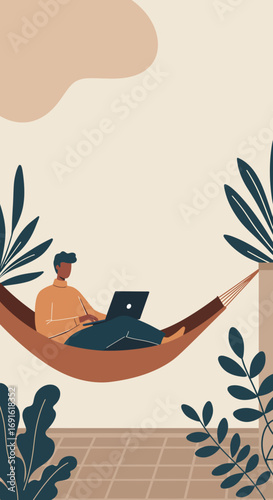 A man comfortably works on his laptop in a hammock amidst lush plants, depicting flexible remote work and modern lifestyle.