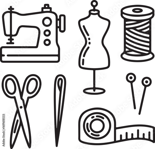 Fashion & Dressmaking Outline Icons Set Sewing Machine, Dress Form, Thread, Scissors, Needle, and Fabric Tools