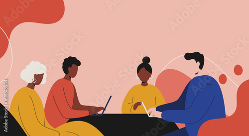 Diverse group of people collaborating at a table with laptops, representing teamwork, modern business, and professional discussions.