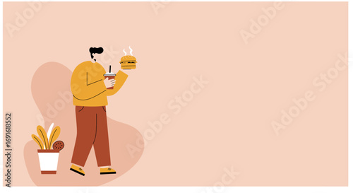 Man enjoying a fast-food meal, holding a steaming burger and drink. Ideal for food delivery, casual dining, and takeaway concepts.