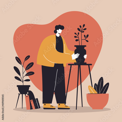 A modern person tending to houseplants, symbolizing home care, relaxation, and a connection to nature. Ideal for lifestyle, wellness, or environmental themes.