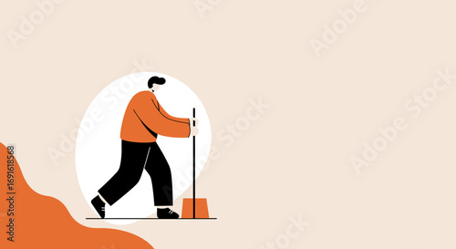 A person in an orange shirt and black pants sweeps a floor with a broom and dustpan, symbolizing cleaning, household chores, or professional service. Ideal for lifestyle and domestic concepts.