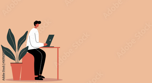 A person works diligently on a laptop at a minimal desk with a plant, representing remote work, online learning, or digital business. This illustrates productivity and modern workspace.