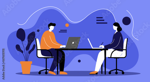 Two professionals working on laptops at a modern desk, depicting teamwork, productivity, and a dynamic business environment. Ideal for corporate, startup, or remote work concepts.