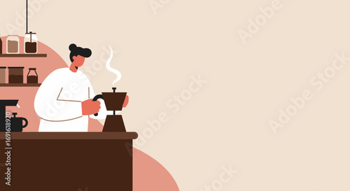 Illustrated person preparing fresh coffee with a moka pot in a minimalist kitchen setting. Represents morning routines, homemade beverages, and daily comfort.
