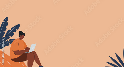 A relaxed person working on a laptop amidst minimalist natural elements, perfect for concepts of remote work, online learning, or digital lifestyle.