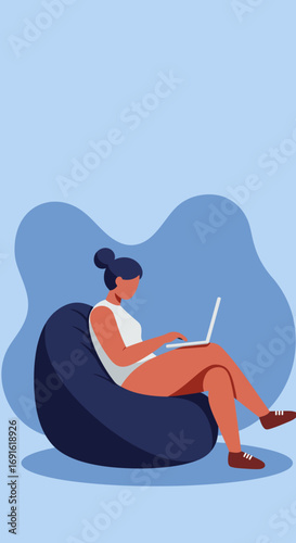 Woman comfortably working on a laptop from a beanbag chair, symbolizing remote work, freelancing, and a flexible lifestyle. Ideal for technology, business, or education concepts.