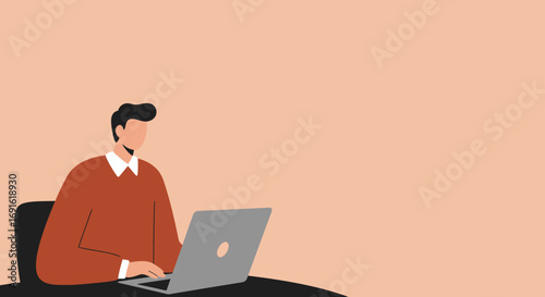 Man working remotely on laptop at desk, focused and productive. Ideal for business, technology, or modern lifestyle themes with copy space.