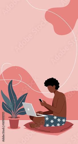 Remote worker casually using laptop and smartphone at home, embodying modern digital lifestyle, productivity, and flexible work.