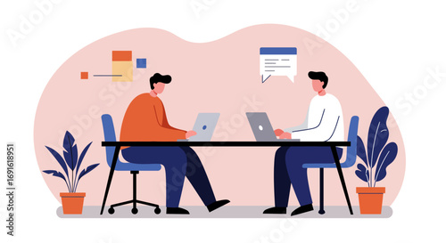 Two men working on laptops at a desk, collaborating on a business project or online meeting in a modern office environment. Ideal for teamwork and productivity concepts.
