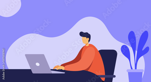 Modern illustration of a person working diligently on a laptop at a desk, ideal for concepts of remote work, online learning, or digital business.