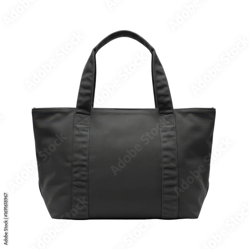 Black canvas tote bag with reinforced straps, isolated on white background