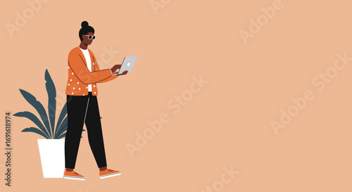 Modern woman in casual attire working on a laptop, symbolizing remote work, online education, or creative tasks. Ideal for technology, business, and lifestyle concepts.