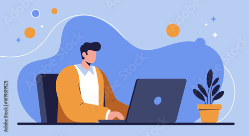 Man focused on his laptop, working or studying from home. Ideal for concepts of remote work, online education, or digital productivity.