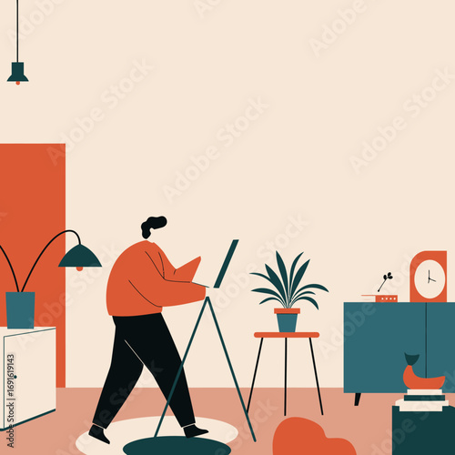 Person drawing on an easel in a modern, minimalist home studio, engaged in a creative hobby or artistic work. Ideal for lifestyle, education, or creative concepts.