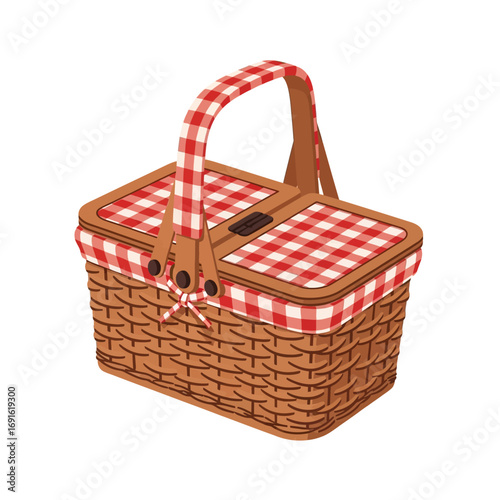 Woven Picnic Basket with Red and White Checkered Pattern