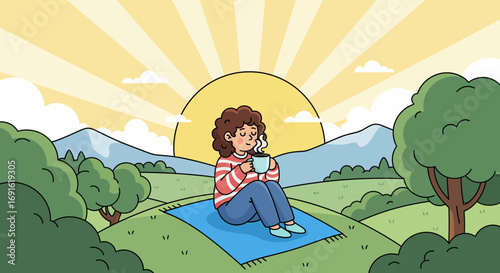 A person enjoying a peaceful morning outdoors, cradling a warm drink amidst rolling hills and a rising sun