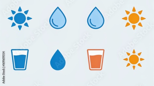 Icons representing sun, water drops, and glasses, illustrating themes of hydration and health.
