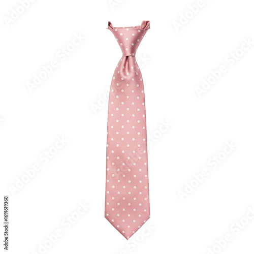 Delicate pink tie with white polka dots, isolated on white background