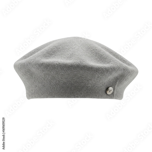 Grey wool beret with single button detail, isolated on white background