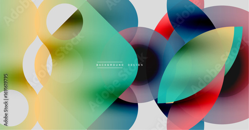 Abstract colorful shapes overlap, creating dynamic visual effect. Gradient hues blend smoothly, forming modern design.