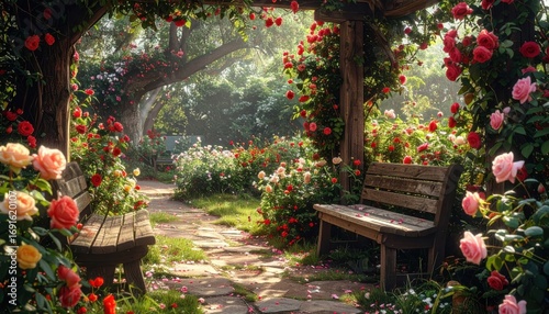 A serene rose garden pathway with a wooden bench bathed in sunlight, showcasing a vibrant array of colorful roses and lush greenery.