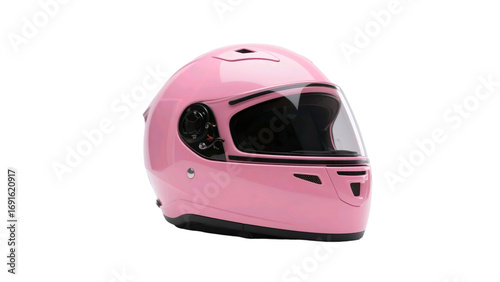 A pink motorcycle helmet isolated on a white background. The helmet is clean and has a glossy finish, making it stand out.