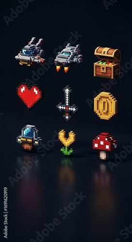 Retro Video Game Pixel Art Icons Collection.
