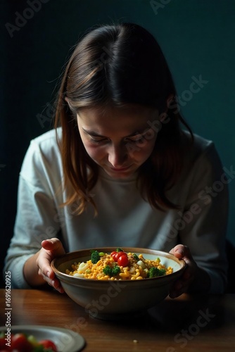 Empty bowl, untouched meal, dim lighting, slumped posture, conveying feelings of hopelessness and lack of appetite associated with depression , mood disorder, mental health, eating disorder