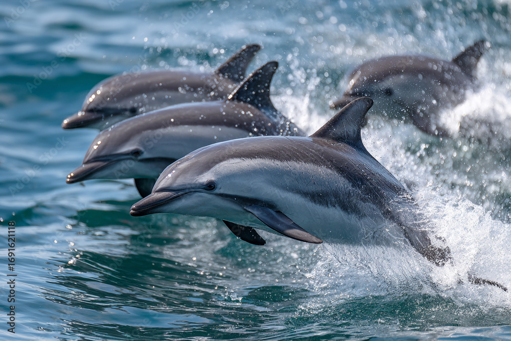 Fototapeta premium Dolphins leaping above the water.