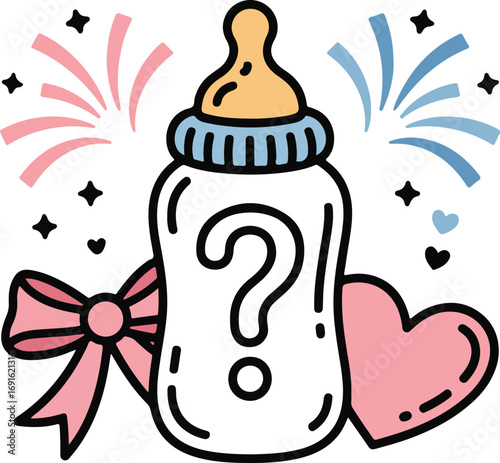 Gender Reveal Baby Bottle Outline Icons Set with Question Mark, Hearts, Confetti, and Ribbon Bow