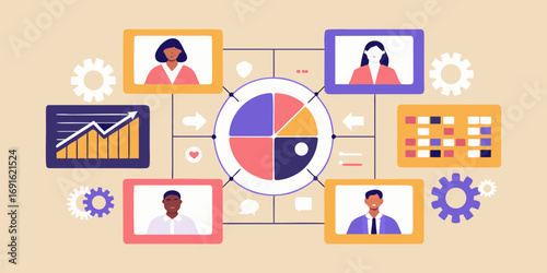 Team collaboration and data analysis concept with diverse people connected to central charts and graphs