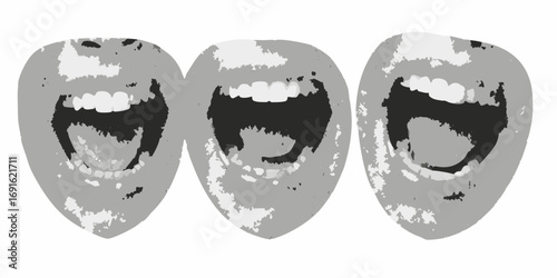 Three abstract grey and white faces with open mouths and visible teeth in a row