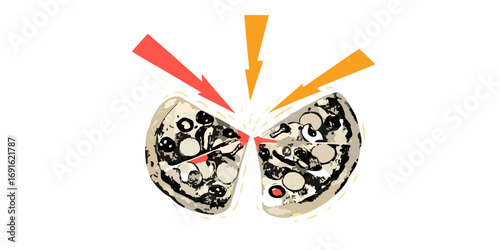 Two halves of a pizza with colorful arrows pointing towards the center symbolizing a clash or competition