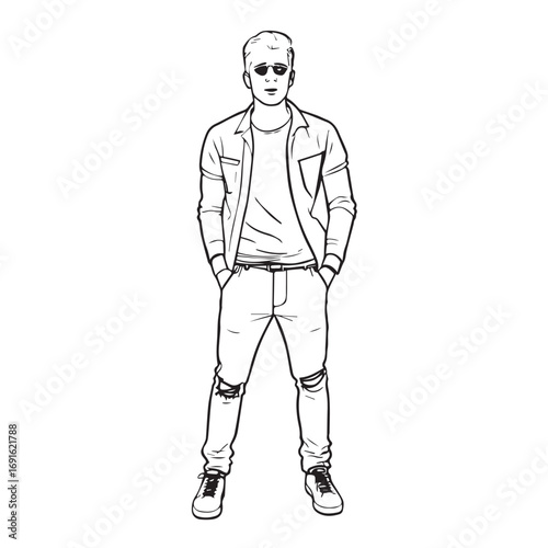 Handsome Man Black and White Illustration Vector Image Male Portrait Fashion Sketch Line Art Design	