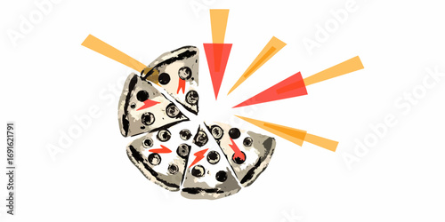 Abstract illustration of a pizza with red lightning bolts and radiating orange and red lines