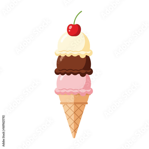 Colorful Ice Cream Cone with Cherry Topping Illustration
