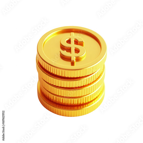 A stack of glossy golden coins with dollar signs, set against a pure black background.