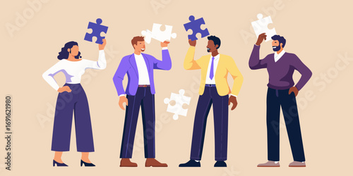 Diverse team of professionals holding puzzle pieces symbolizing collaboration and problem solving