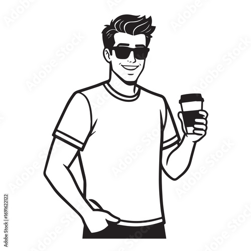 Handsome Man Black and White Illustration Vector Image Male Portrait Fashion Sketch Line Art Design	