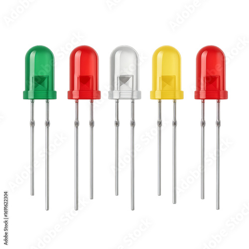 A set of multicolored LEDs (light-emitting diodes) in high resolution on a transparent background. The image shows five diodes — green, red, white, yellow, and red — with metallic leads. Suitable for 