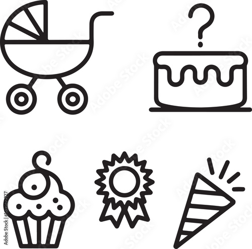 Gender Reveal Party Vector Icons Collection Stroller, Cake with Question Mark, Cupcake, Ribbon Badge, Starburst, Gift Bag, and Party Popper