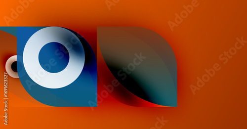 Abstract geometric shapes overlap. Orange dominates background, blue, white accents present. Modern design, vibrant colors, simple composition.