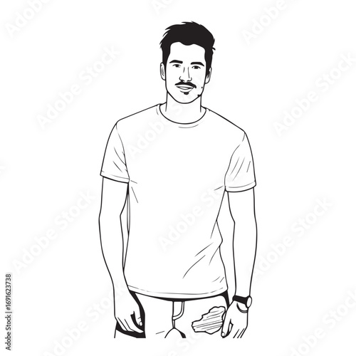 Handsome Man Black and White Illustration Vector Image Male Portrait Fashion Sketch Line Art Design	